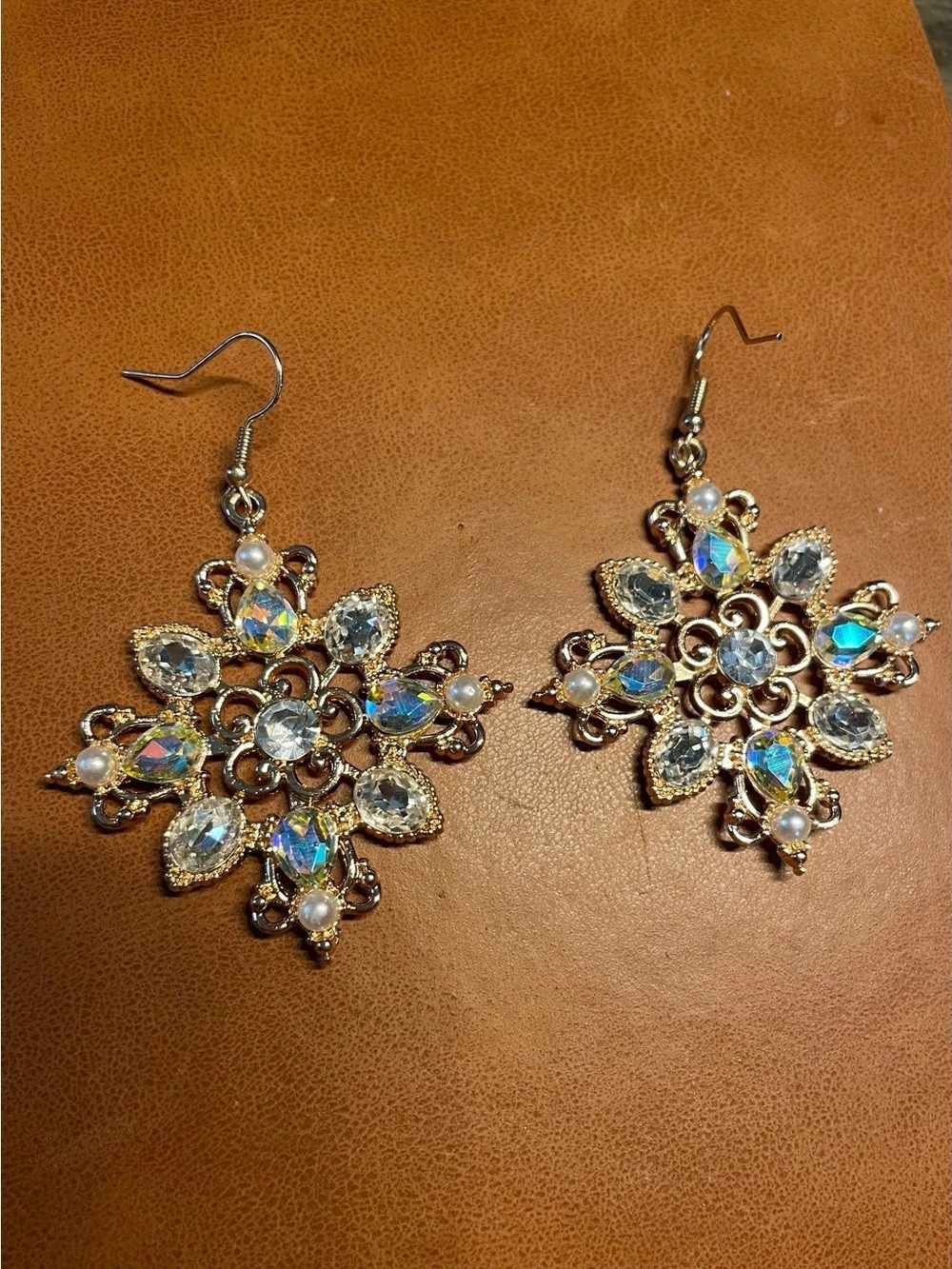 Gold Tone Iridescent Rhinestone & Pearl Cross Statement Earrings